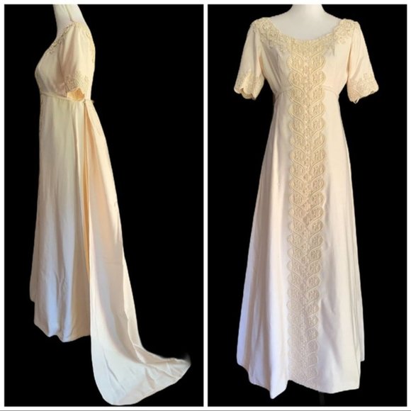 Vintage 60’s Ecru Empire Waist Short Sleeve Wedding Gown 2/4 Elven Regency - Picture 1 of 10